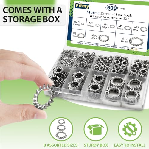 Star Washers External Tooth Lock Washers Assortment (M2.5-M12) 500Pcs - size: External Tooth Lock Washers