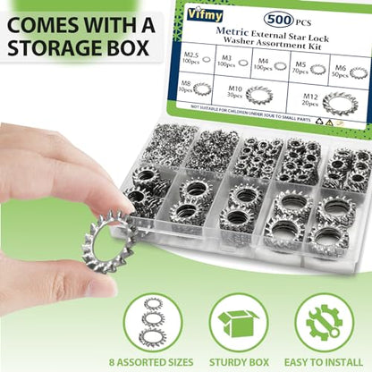Star Washers External Tooth Lock Washers Assortment (M2.5-M12) 500Pcs - size: External Tooth Lock Washers