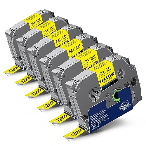 6-Pack Compatible for Brother Tze-631 12mm 1/2" Black on Yellow Label Tape - color: Black on Yellow, size: 0.47 inch (12mm)
