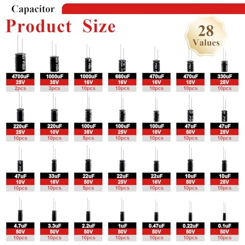 Tnisesm 28 Values Electrolytic Capacitor Assortment Kit from 0.1uF to 4700uF 10V 16V 25V 35V 50V in-line Aluminum Capacitors Set - color: Electrolytic Capacitor Kit