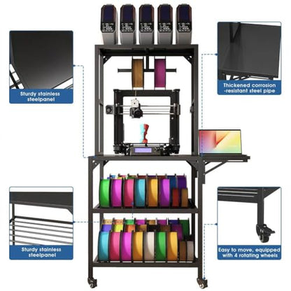 3D Printer Stand, Heavy Duty Large Printer Table Stand with Filament Storage Rack and T-Shaped Spools Holder Rack 3D Printer Table Workbench with Wheels Use for 3D Laser Printer Home Office
