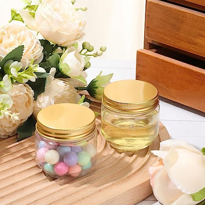 Tanlade 60 Pcs 3 oz Clear Plastic Mini Mason Jars with Lids, Gold - color: Gold