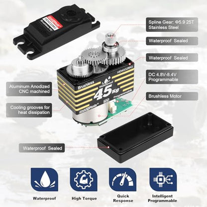 HobbyPark 45kg Servo High Torque Waterproof RC Steering Servo Metal Gear Digital Servo Stainless Steel Gears for 1/7 1/8 1/10 RC Crawler Car Truck Buggy Powerful & Fast (Brushless Motor)