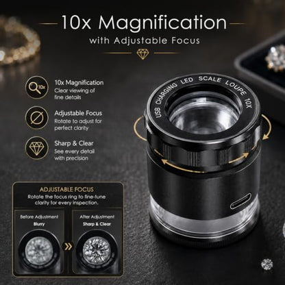 10X Rechargeable Jewelers Loupe Magnifier with LED Light & Detachable Reticle Scale, 25mm Field of View, Adjustable Focus Scale Loupe Jewelry Magnifying Glass for Gems, Coins, Watches, Close Work - color: 1 Glass Reticle Scale
