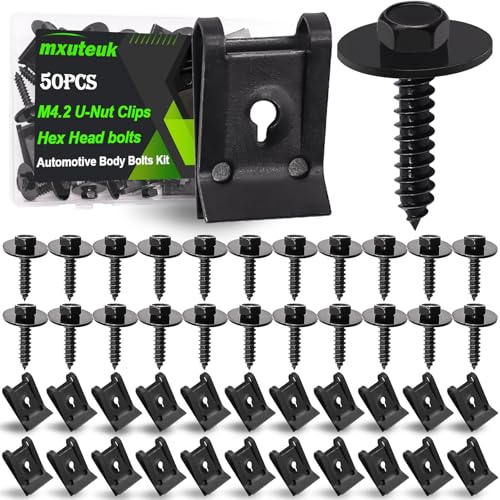 mxuteuk 50PCS M4.2 U-Nut Clips & Hex Head Automotive Body Fender Bolts Kit,for Most Cars Fender,Engine Undertray Cover, Engine Cover & Bumper Fender Liner - color: Black/M4.2
