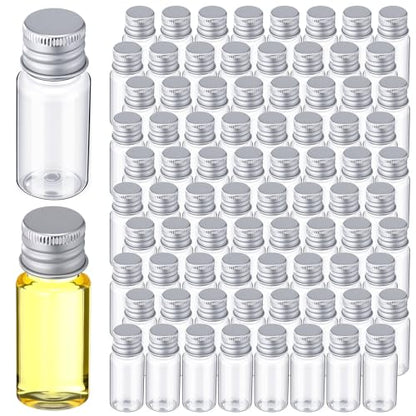 200 Pcs 10ml Mini Plastic Bottles Vials Tiny Jar with Aluminum Screw Lid Cap Clear Plastic Sample Container with Sealed Top Metal Lid for Cosmetic Essential Oil Specimen(Silver and Clear) - color: Silver and Clear