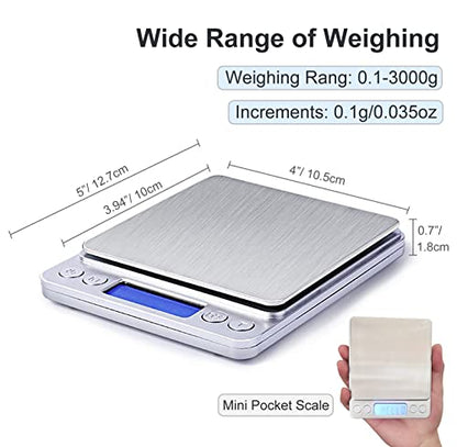 Food Scale Digital Weight 3000g/0.1g Oz Grams and Ounces Kitchen Scale for Cooking Baking with Backlight LCD Display, Tare, 9 Units, Auto Off, 2 Trays, Batteries Included - Stainless Steel - size: 3kg/0.1g