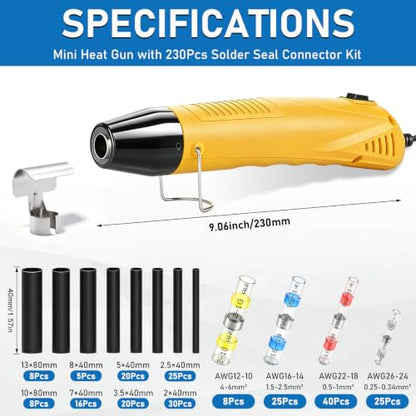 230Pcs Solder Seal Wire Connectors with Mini Heat Gun Kit, Solder Stick Wire Connectors & Heat Shrink Tubing Waterproof and Insulated Electrical Wire Terminals for Marine, Automotive - size: 230Pcs