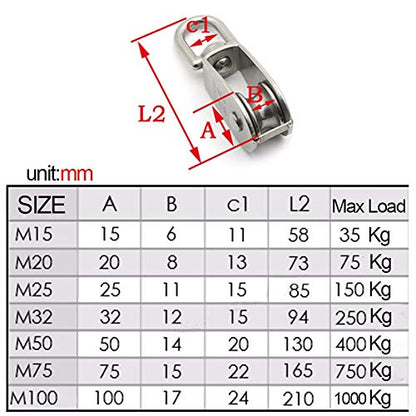 1-Pack M75 Single Pulley Block Stainless Steel Heavy Duty Hardware Single Wheel Swivel Rigging Lifting Wheel Fixed Pulley for Wire Rope Loading 750kg - size: 1-Pack M75