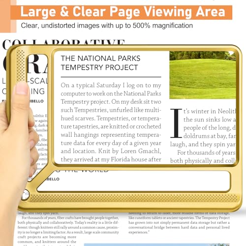 AKKYCVS 5X Full Page Magnifying Glass for Reading, Lightweight Rectangular Magnifier Provides Large Book Page Viewing Area, Handheld Magnifier for Reading Small Prints for Seniors, Low Vision-Gold - color: Gold