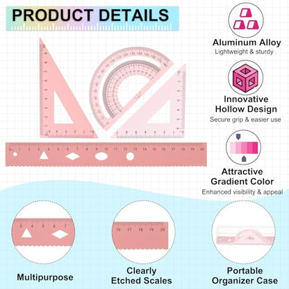 PATIKIL Geometry Set 2Pcs 8" Aluminum Ruler & 4 Triangles, Metal Protractor - color: Gradient Pink, size: 8 Inch