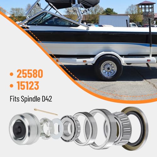 4 Sets 25580 15123 Boat Trailer Axles Bearing Kits, Grease Seals, Spindle Nuts, 2.72" Dust Caps and Rubber Plugs, Cotter Pins, Washers for 5200-6000 lb.Tandem Axles #D42 Spindle - size: 25580 15123-Set of 4