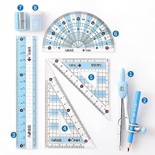 8 Pieces Math Geometry Kit Set Student Supplies with Shatterproof Iron Box Geometry Set for School, Includes Ruler, Protractor, Compass, Pencil,Pencil Sharpener and Eraser,etc