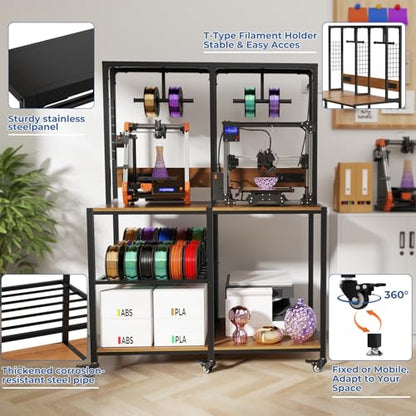 Dual 3D Printer Stand with Filament Storage Workstation Heavy Duty Mobile 3D Printer Table Workbench T-Shaped Spools Holder Rack - color: Black-3
