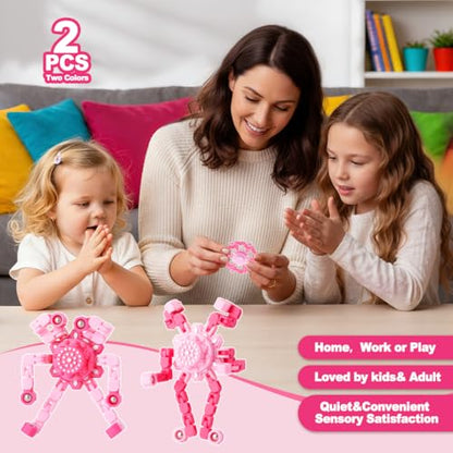 2 Pack Pink Transformable Fidget Spinners for Girls, Sensory Robot Toys for Kids 8-12, Easter Basket Stuffers & Party Favors, Stress Relief ADHD Autism Fingertip Toy (Baby & Hot Pink) - style: 2PC-pink