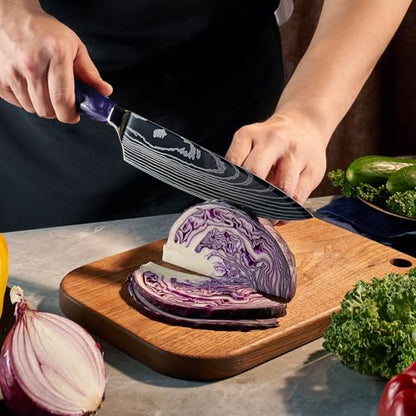 SENKEN 16-Piece Knife Block Set - Japanese High Carbon Stainless Steel with Damascus Pattern, Purple Resin Handles, 6 Steak Knives & Acacia Hardwood Block (Purple) - color: Purple