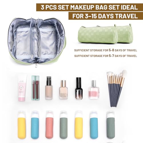 BOYATU Travel Makeup Bag Organizer: 180°Open-Flat 3 Pcs Make up Bags Set - color: 01-D-Green