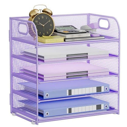 5-Tier Stackable Paper Organizer with Handle, Purple - color: Purple, size: 12.6" x 9.1" x 13.4"