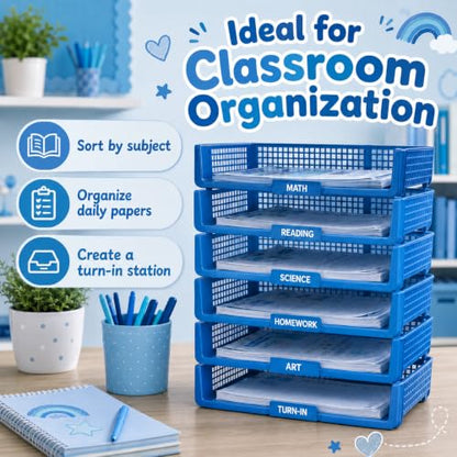 6 Pcs Blue Turn in Trays Classroom, Stackable Paper Bins for Classroom, 13x9x2.8 inch Plastic Baskets Desktop Organization System Office (Blue) - color: Blue
