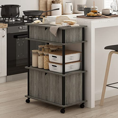 Furinno Turn-N-Tube Kitchen Storage Cart with Cabinet and Lockable Wheels, French Oak Grey/Black - color: French Oak Grey/Black, size: 3-Tier with Cabinet