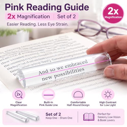 Reading Magnifier for Books, 2 Pack 2X Optical Acrylic Magnifier Bar - color: Soft Pink