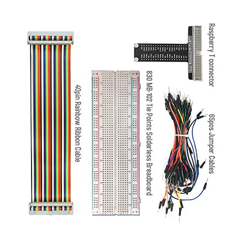 for Raspberry Pi GPIO Breakout, T-Type GPIO Expansion Board+830 Points Solderless Breadboard+65pcs Jumper Cables+40pin Rainbow Ribbon Cable