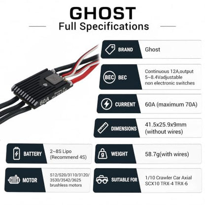 Ghost 60A Brushless ESC,Electric Speed Controller 12A BEC 5-8.4V,with WiFi-Link Parameter Configuration, for 1/10 Axial SCX10 TRX-4 TRX-6 RC Crawler Car - color: 60a Esc