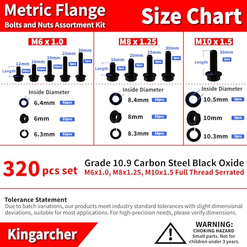 Kingarcher 320 Pcs Metric Nuts and Bolts Assortment Kit, Grade 10.9 Black Flange Hex Bolts M6x1.0 M8x1.25 M10x1.5 (12-30mm), Alloy Steel Hex Nuts Flat Spring Lock Washers, Storage Case, Automotive