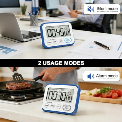 Digital Kitchen Timer Magnetic Loud Alarm, Large LCD Screen Silent/Beeping Multi-Function for Teachers Classroom Kids, Blue - color: Blue