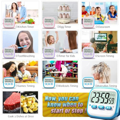 Antonki 2 Pack Classroom Timers for Kids Teachers, Magnetic Countdown Digital Kitchen Timer for Cooking, Study, Exercise, Games, Time Mangement - Loud/Silent Mode - Battery Included - color: Sky Blue & Pink