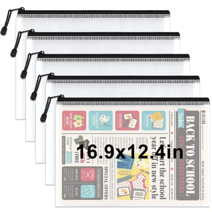 Umriox 5 Pack A3 Heavy Duty Mesh Zipper Pouch Bags, File Document Organizer - color: Black 5pcs, Thickened A3