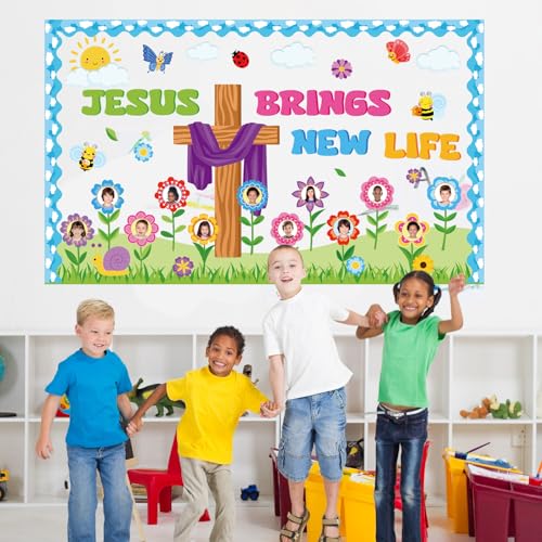 Christian Bulletin Board Set Back to School Jesus Brings New Life Religious Cross Classroom Decor Lent Butterfly Flower Paper Cutouts DIY Photo Bulletin Board Border for Church VBS Sunday School Decor - style: Spring Religious