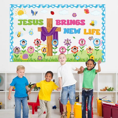 Christian Bulletin Board Set Back to School Jesus Brings New Life Religious Cross Classroom Decor Lent Butterfly Flower Paper Cutouts DIY Photo Bulletin Board Border for Church VBS Sunday School Decor - style: Spring Religious