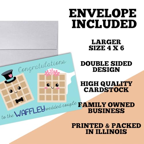 Amanda Creation Funny Wedding Card, 4x6 Blank Inside with Silver Envelope, Waffle-y Wedded Waffle Bride and Groom Congratulations - style: Waffle