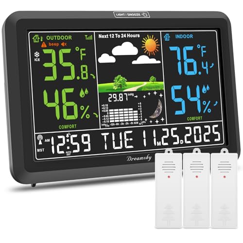 DreamSky Weather Station Indoor Outdoor Thermometer Wireless, Atomic Clock - color: Black with 3 sensors