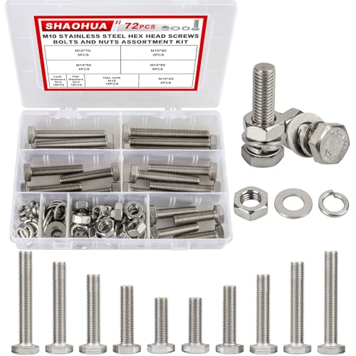 M10 Bolts and Nuts Assortment, 72PCS M10 x 40/50/60/70/80mm Metric Bolt Assortment Kit, 304 Stainless Steel Hex Head Screws Bolts and Nuts Kit, Nuts Flat Gasket and Lock Washers Assortment Kit - color: Silver - 72PCS M10