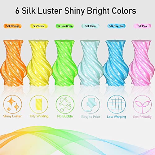 1.75mm Silk Shiny PLA Filament 6 in 1 Bright Colors Bundle Pack: Silk Yellow/Lime Green/Light Orange/Sky Blue/Pink/Cyan, Each Spool 250g, 6 Spools Packed, Total 1.5Kg 3D Printing Material MIKA3D - color: Yellow+lime Green+light Orange+sky Blue+cyan+pink