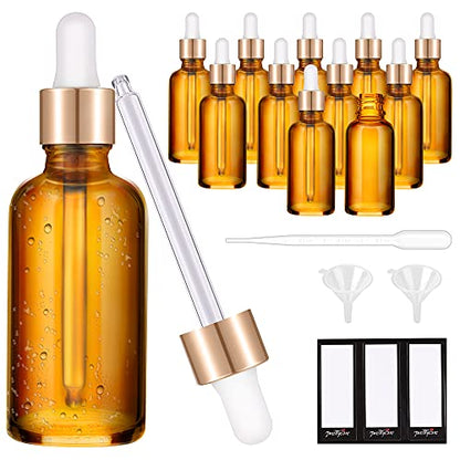 PrettyCare Glass Eye Dropper Bottles 2oz (60ml), 12 Pcs Amber Empty Thick Bottles Bulk with Leakproof Golden Caps - With Labels & Funnels for for Storage, Travel,Essential Oils, DIY Serums, Tincture - color: 2oz Amber, style: 12 Pack