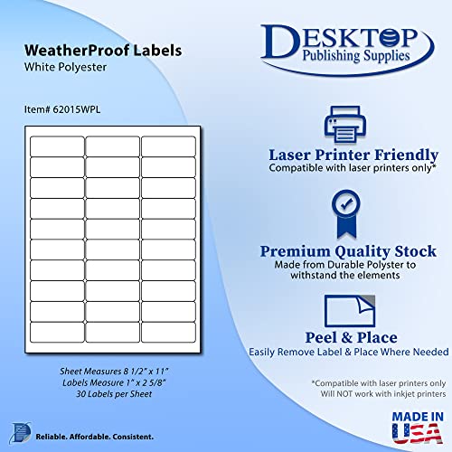 1500 Waterproof Shipping Labels 1" x 2 5/8" - 50 Sheets, 30up Labels - Blank Weatherproof Address Labels for Laser Printers Only - Durable Permanent Adhesive Labels for Shipping, Barcode & Product Use - size: 50 Sheets / 1500 Labels