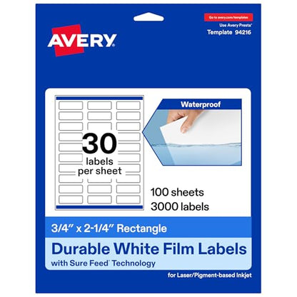 Avery® Printable Durable White Rectangle Labels, Sure Feed® Technology, 0.75" x 2.25", Print-to-the-Edge, Waterproof Labels, Laser & Pigment-Based Inkjet Compatible, 3000 Total - style: 3,000 labels