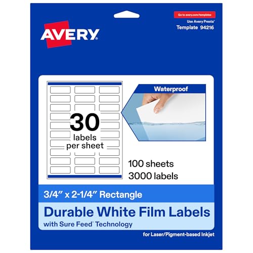 Avery® Printable Durable White Rectangle Labels, Sure Feed® Technology, 0.75" x 2.25", Print-to-the-Edge, Waterproof Labels, Laser & Pigment-Based Inkjet Compatible, 3000 Total - style: 3,000 labels