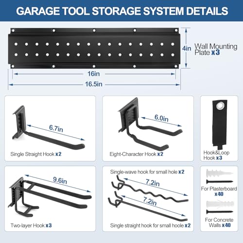 49.5'' Garage Tool Organizer Wall Mount Load 520Lbs with Heavy Duty 14Hooks - size: 49.5''-17Pack