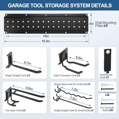 49.5'' Garage Tool Organizer Wall Mount Load 520Lbs with Heavy Duty 14Hooks - size: 49.5''-17Pack
