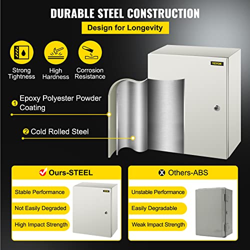 VEVOR NEMA Steel Enclosure, 20 x 16 x 8'' NEMA 4X Steel Electrical Box, IP66 Waterproof & Dustproof, Outdoor/Indoor Electrical Junction Box, with Mounting Plate - size: 20 x 16 x 8