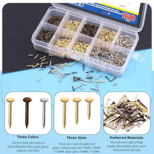 Glarks 1600Pcs Small Tiny Nails Kit Wooden Screw Nail Gold Silver Bronze 1x6mm, 1x8mm 1x10mm Mini Nails for DIY Hardware Accessories Fixed Installation