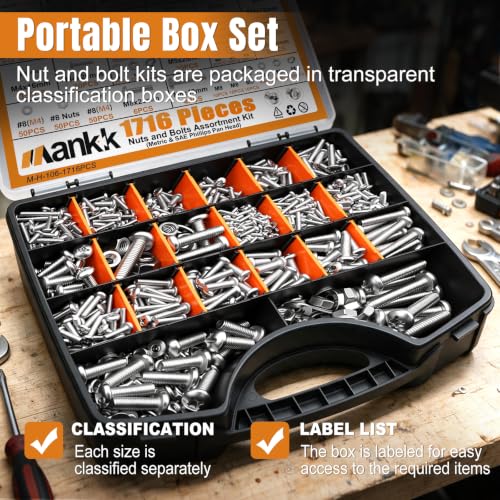 mankk 1716PCS Machine Screws,304 Stainless Steel Nuts and Bolts Assortment Kit,#6/#8/#10/1/4"/5/16"/3/8" & M3/M4/M5/M6/M8 SAE & Metric Phillips Pan Head Screws - size: SS 1716PCS SAE&Metric Kit