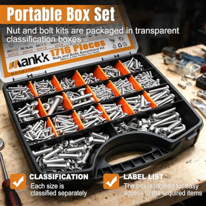 mankk 1716PCS Machine Screws,304 Stainless Steel Nuts and Bolts Assortment Kit,#6/#8/#10/1/4"/5/16"/3/8" & M3/M4/M5/M6/M8 SAE & Metric Phillips Pan Head Screws - size: SS 1716PCS SAE&Metric Kit
