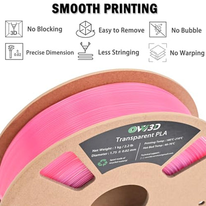 OVV3D 3D Printer Filament Transparent PLA Filament 1.75mm, Pink Green Printing, +/- 0.02 mm, Fits Most FDM 3D Printers, Translucent 3D Filament 1kg Spool - color: Translucent Pink Clear