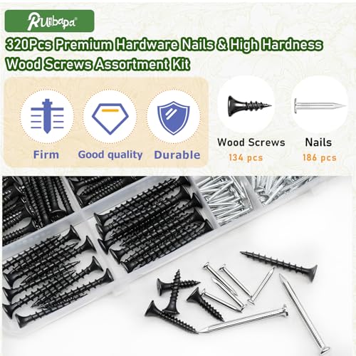 320Pcs Premium Hardware Nails & High Hardness Black Drywall Screws Assortment Kit,11 Sizes (1/2"-2"),Phillips Drive Flat Head, Wood Screws,Galvanized,Picture Hanging,Common Nails with Storage Box - size: 322PCS