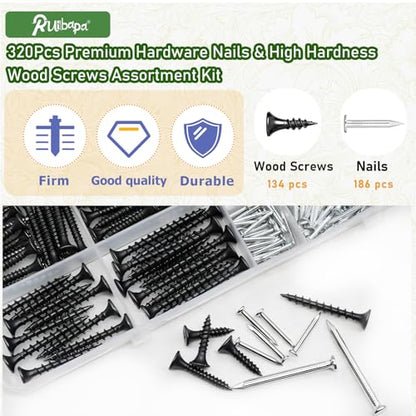 320Pcs Premium Hardware Nails & High Hardness Black Drywall Screws Assortment Kit,11 Sizes (1/2"-2"),Phillips Drive Flat Head, Wood Screws,Galvanized,Picture Hanging,Common Nails with Storage Box - size: 322PCS